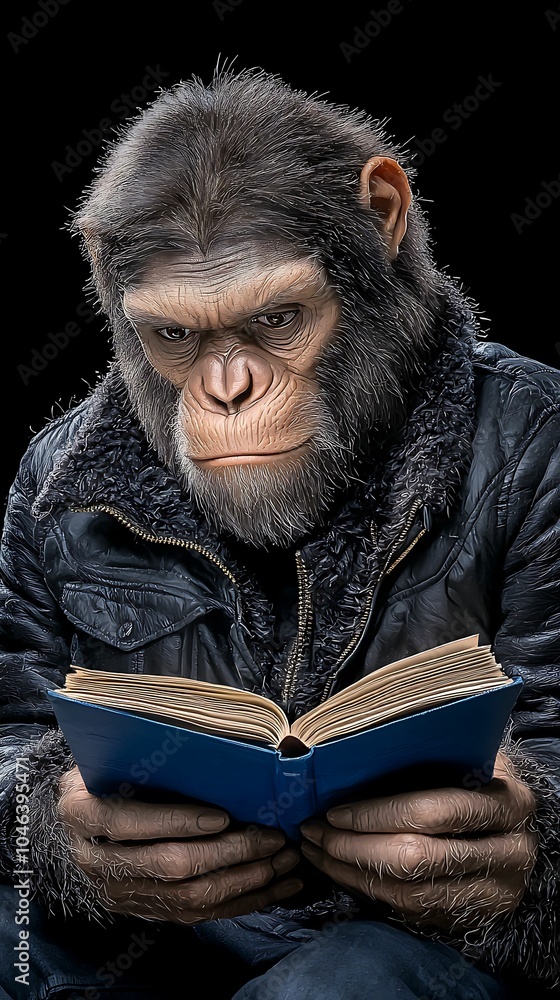 Aufkleber a thoughtful primate engaged in reading exploring the intersection of intelligence and curiosity in 