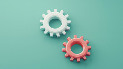 Two white gears on a green background with one red gear between them, simple shapes, minimalist design