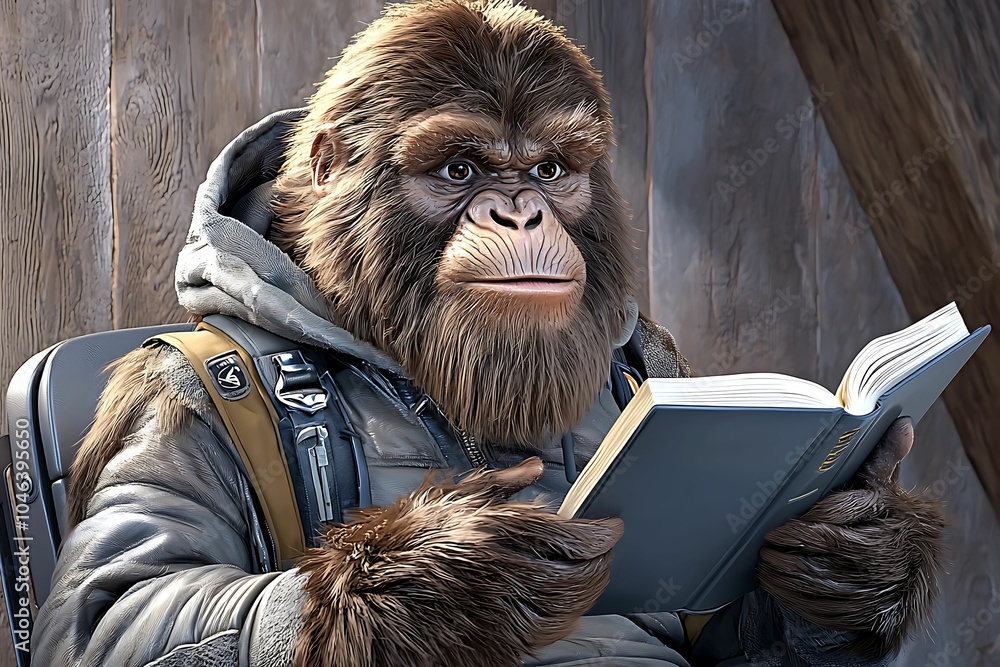 Aufkleber a thoughtful gorilla reading a book in a cozy setting exploring the intersection of nature and imagi