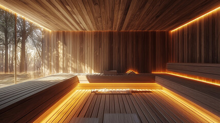 A luxurious sauna with warm wood paneling minimalis