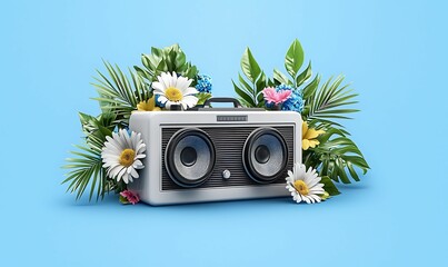 A vibrant retro boombox surrounded by lush tropical flowers and foliage perfect for summer vibes and music lovers