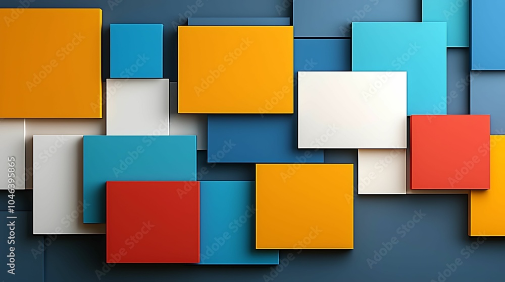Poster dynamic arrangement of colorful geometric shapes evoking modern design aesthetic and visual harmony 