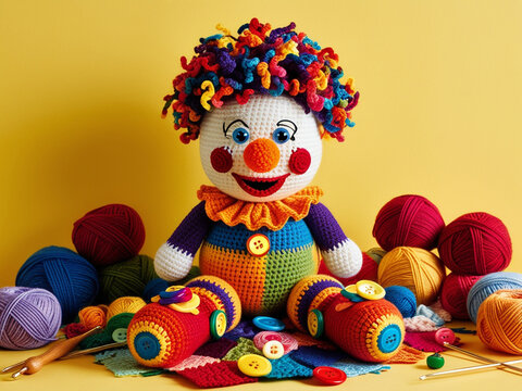 A colorful, whimsical crochet clown sits atop a patchwork of colorful yarn scraps, surrounded by balls of yarn and crochet hooks.