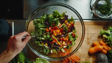 2410 84.A top-down view of a chef mixing a colorful array of fresh vegetables in a bowl, the bright colors of the veggies popping against the kitchen table surface, showcasing the process of