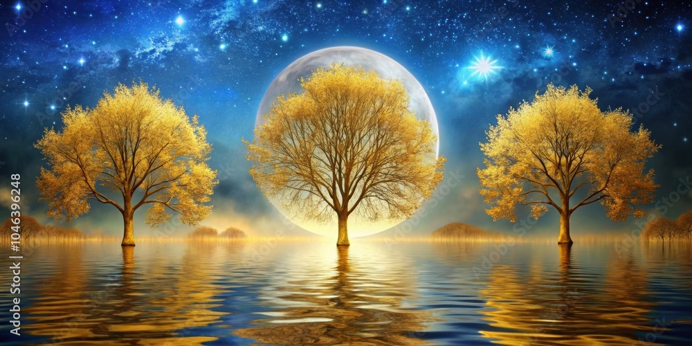 Wall mural golden trees of life shining on abstract blue canvas under moonlight, trees, life, golden, abstract,