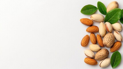 A photostock of assorted nuts on a white background, showcasing healthy snack options.
