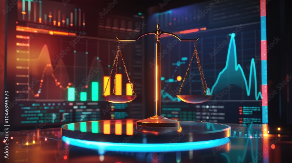 Poster balancing data for informed business decisions - digital scales with graphs and charts