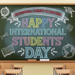 Chalkboard Illustration of Happy International Students' Day with Classroom Desks