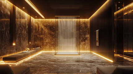 A luxurious spa room featuring a sleek steam shower