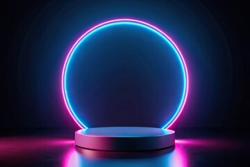 glowing pink circle and blue ring light installation on black platform silhouette