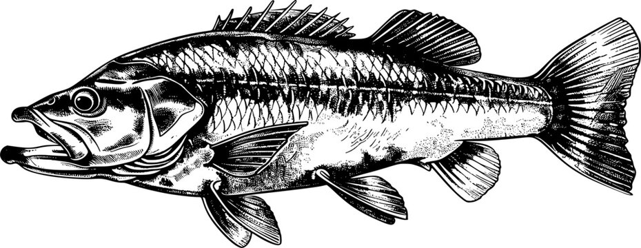 Black and white illustration of a largemouth bass with detailed scales, fins and mouth.