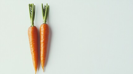 2410 65.A clean and crisp image of two carrots, their rich orange skin and green stems sharply defined against the white background, highlighting their freshness and simplicity in a minimalistic