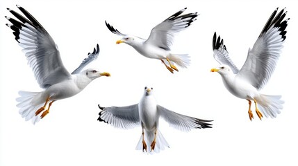 Obraz premium A photostock of flying seagulls on a white background, evoking freedom and the seaside atmosphere.