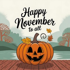 Happy November to All with Smiling Pumpkin on Wooden Dock