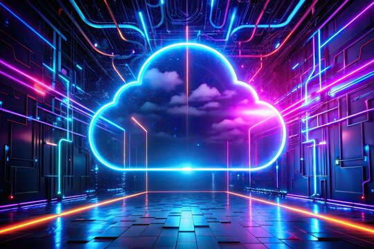 Futuristic cloud computing server room with cyberpunk style and neon lights