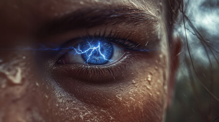 close up of persons eye with striking blue lightning effect, showcasing intense emotion and dramatic atmosphere. skin appears wet, enhancing visual impact