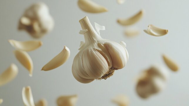 2410 17.Whole garlic bulbs and peeled cloves appear to float weightlessly in mid-air, captured with detailed lighting against a clean white backdrop, evoking the freshness and versatility of garlic