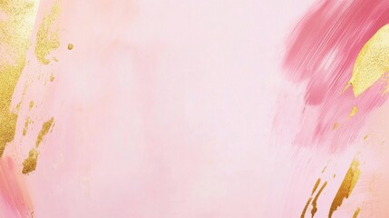 Fototapeta premium Photo of, Pink background with abstract paint splatters and brush strokes in shimmering gold and copper tones for design, banner template