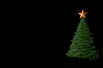 Christmas tree with gold star. New year sale flyer concept/greeting card/calendar. 3D rendered black background