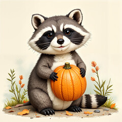  Adorable raccoon holding pumpkin on autumn background