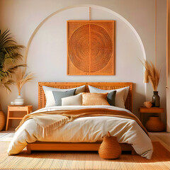 Minimal bedroom interior with Home decoration mock up. Cozy coastal stylish, furniture, comfortable bed, Modern design background with Generative AI.