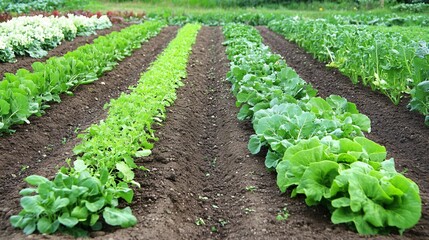 2410 50.A well-organized row of organic vegetable plots, with neat lines of healthy green plants growing in rich soil, stretching across the landscape in a pattern that emphasizes order and