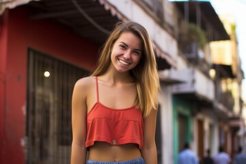 Fototapeta premium A woman in a red tank top is smiling and posing for a photo