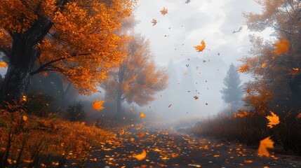 Golden Autumn Landscape with Dramatic Leaves Falling