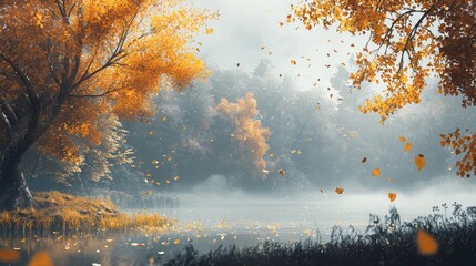 Fototapeta premium Scenic Autumn Landscape with Golden Leaves and Mist