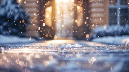 Charming winter scene  frosty sidewalk glimmers in sunlight at stylish building entrance
