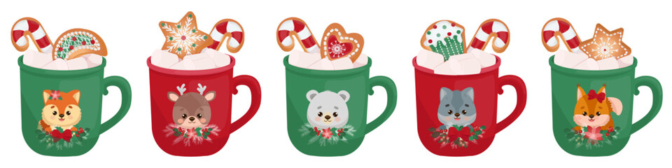 Vector illustration with funny cup with delicious aromatic cocoa with marshmallows and crispy Christmas cookies. Vector strip for textiles, wrapping paper, posters