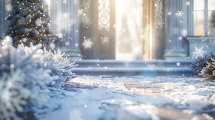 Charming winter scene  frosty sidewalk sparkles under sunlight at stylish building entrance