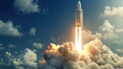 Sleek white rocket piercing through clouds at liftoff