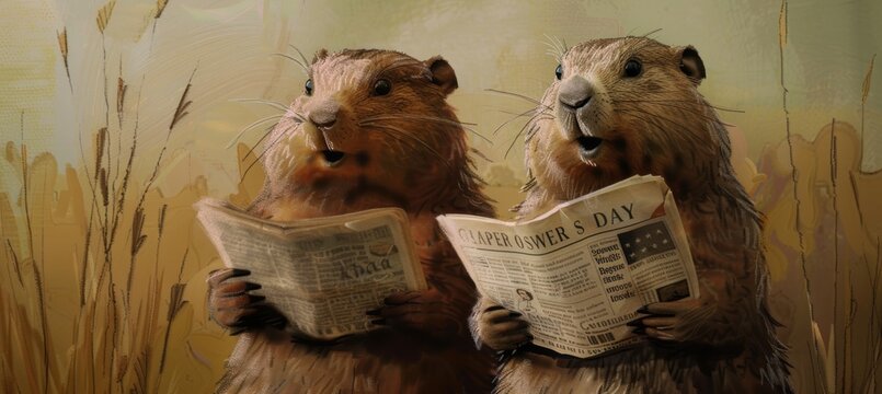 Humorous Groundhog Day Card with Surprised Groundhogs and Newspapers for Celebration Design