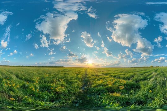 360 HDRI spherical panorama in equirectangular projection with green grass field blue sky and clouds suitable for sky replacement in game development and VR cont