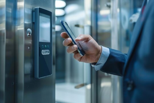 A businessman in business attire uses a smartphone to open an automatic gate in an office building Illustrating a typical workday