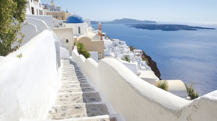 Fototapeta premium Serene Panoramic View of Santorini's Whitewashed Buildings