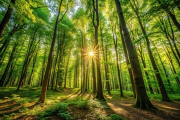 Dense forest with towering trees, sunlight filtering through leaves, trees, forest floor, autumnal colors