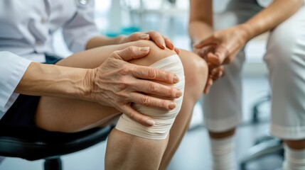 Fototapeta premium Healthcare Professional Assisting Senior in Modern Physical Therapy Clinic Setting