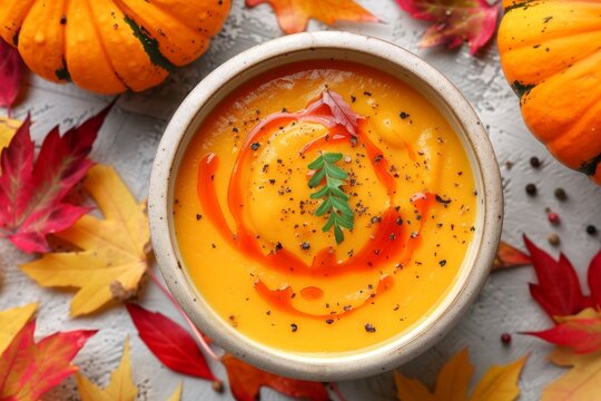 Aerial view of pumpkin soup with autumn leaves