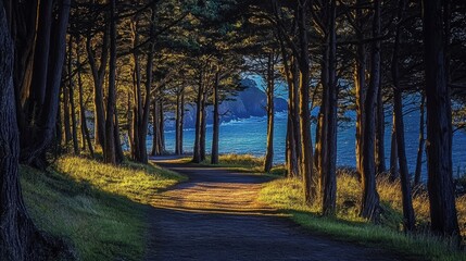 Fototapeta premium Enchanted forest meets sea on twilight drive