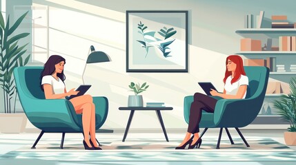 Women Discussing on Tablets in Home Office Setting