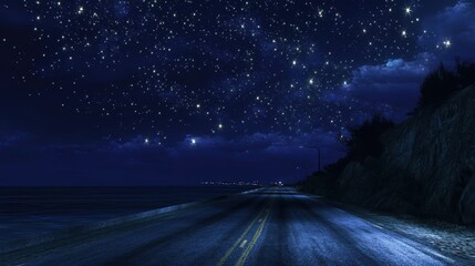Naklejka premium Starry night sky over illuminated ocean highway