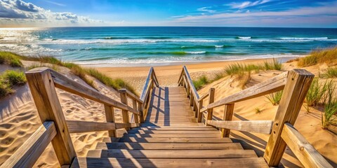 Obraz premium Wooden stairs leading down to the sandy beach, stairs, wooden, steps, descent, beach, shore, coastline, nature, outdoor