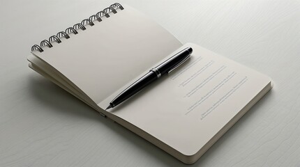 Classic Black Pen Resting on a Spiral Notebook with Handwritten Notes on a Minimalistic White Surface