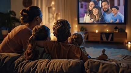 A family watches a movie in a home theater.