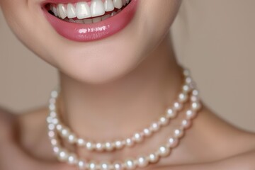 Beautiful woman with healthy white smile and pearls necklace close up Oral care and teeth whitening concept Lip fillers and plastic surgery