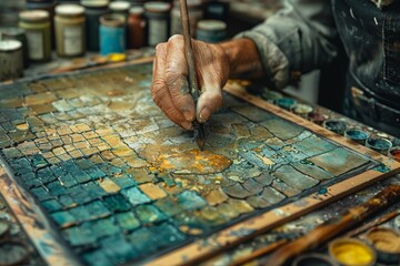 Painter is working in his studio. Close-up of the hand of a elderly master restorer.