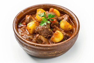 Beef and pork stew with potatoes Hungarian style white background