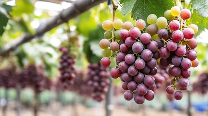 Close-up of grapes hanging on Vine, Hanging grapes. Grape farming.